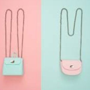 blue and pink purse, baby blue headphones, ect.